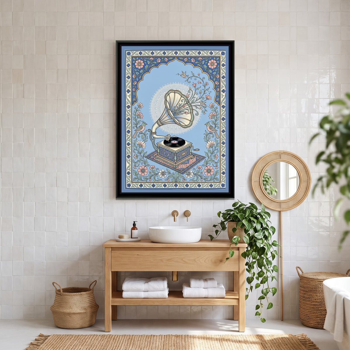 Phad Painting – Gramophone Portrait - canvas print shown in a second room setting