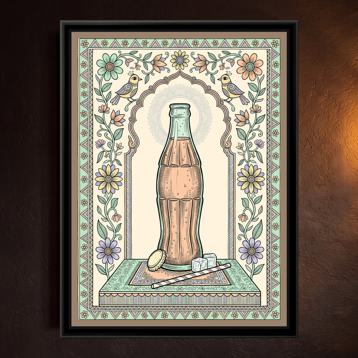 Traditional Pop – Cola Bottle Portrait - framed canvas print of a glass cola bottle with a cap, ice cubes and a striped straw under a flowered arch, pastel folk style, hung on a wall