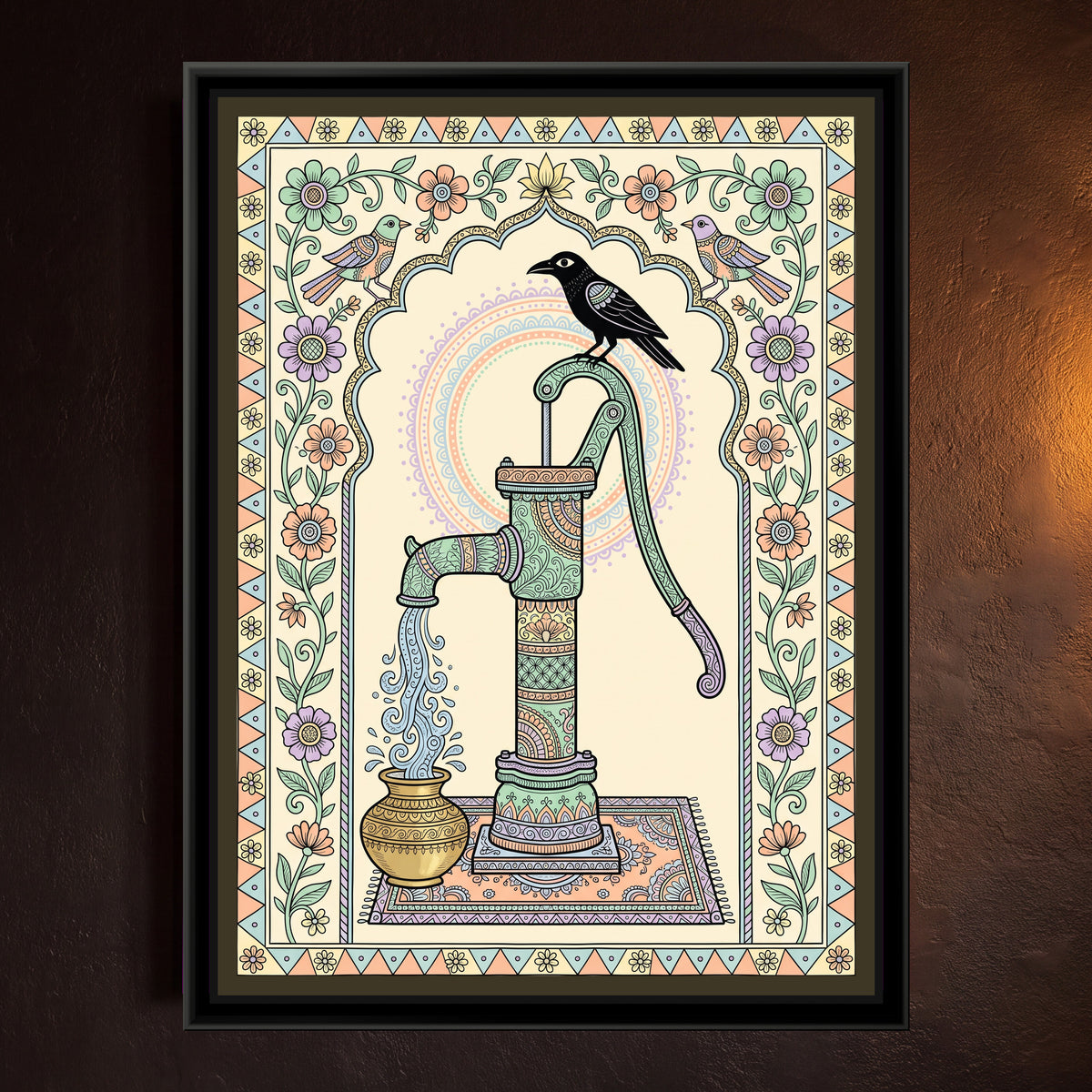 Traditional Pop – Hand Pump Portrait - framed canvas print of a decorated village hand pump with a black crow on its handle and water pouring into a brass pot, under a flowered arch, pastel folk style, hung on a wall