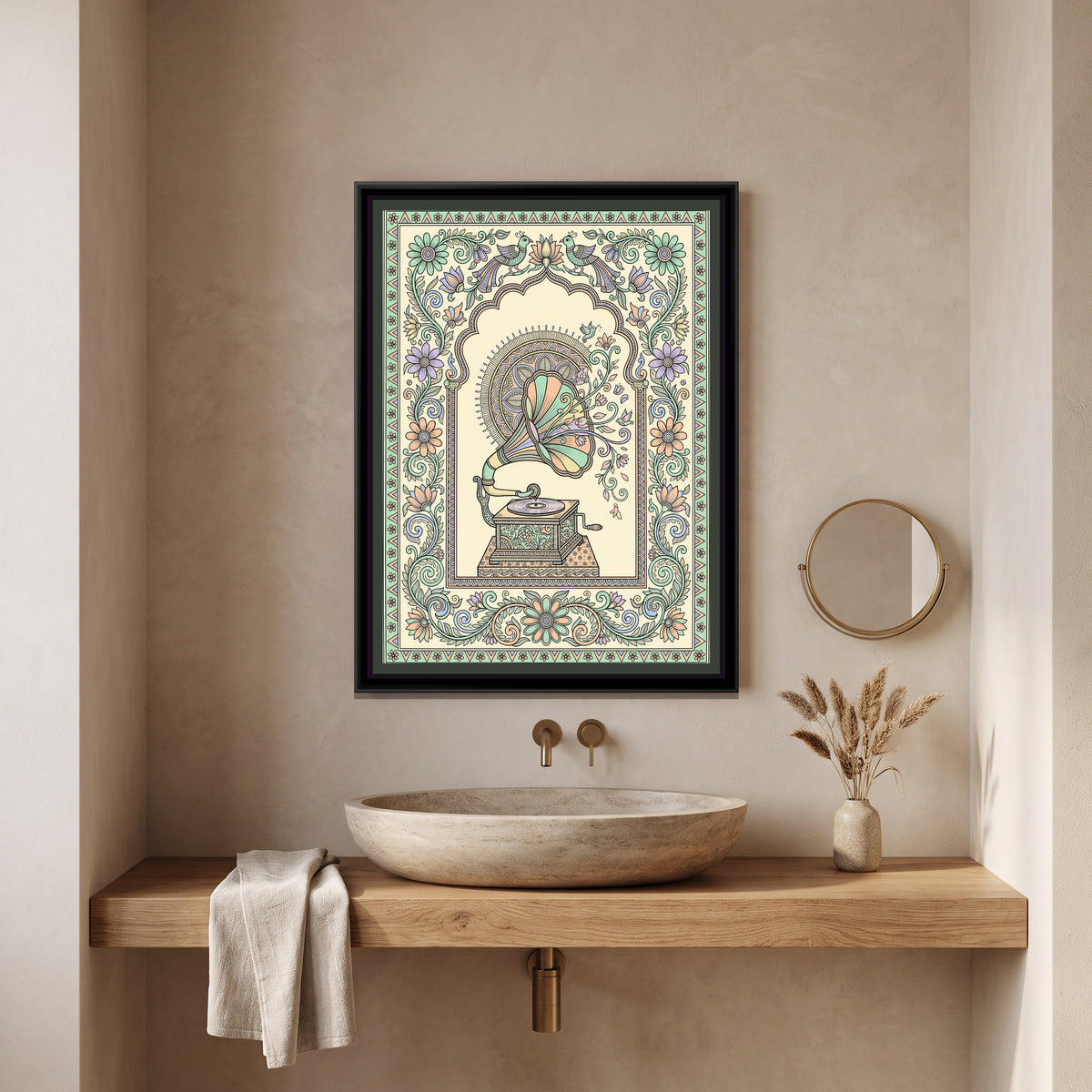 Traditional Pop – Gramophone Portrait - canvas print shown in a second room setting