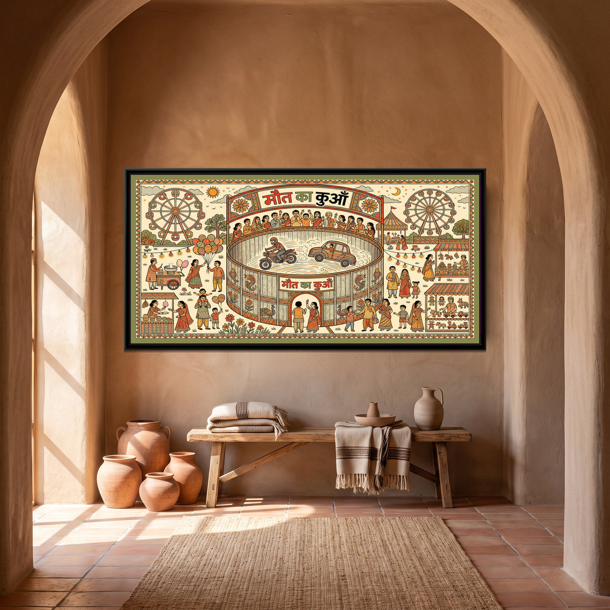Traditional Pop Mela Painting – Maut Ka Kuan - canvas print shown in a second room setting