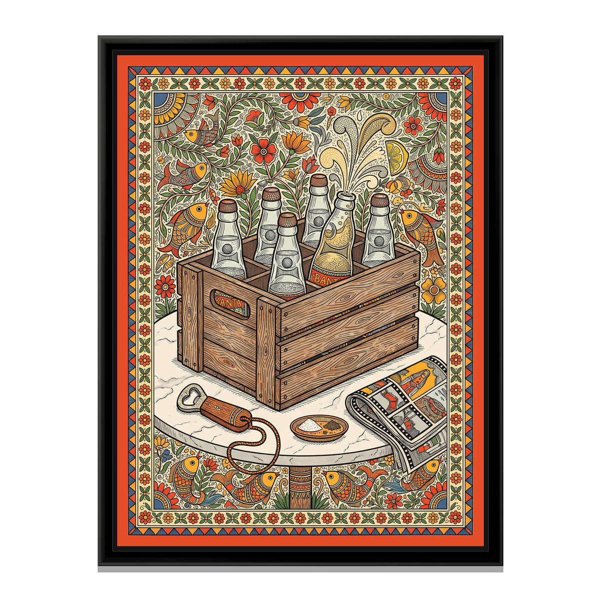Traditional Pop Banta Bottles in a Wooden Crate Painting - framed canvas print, front view