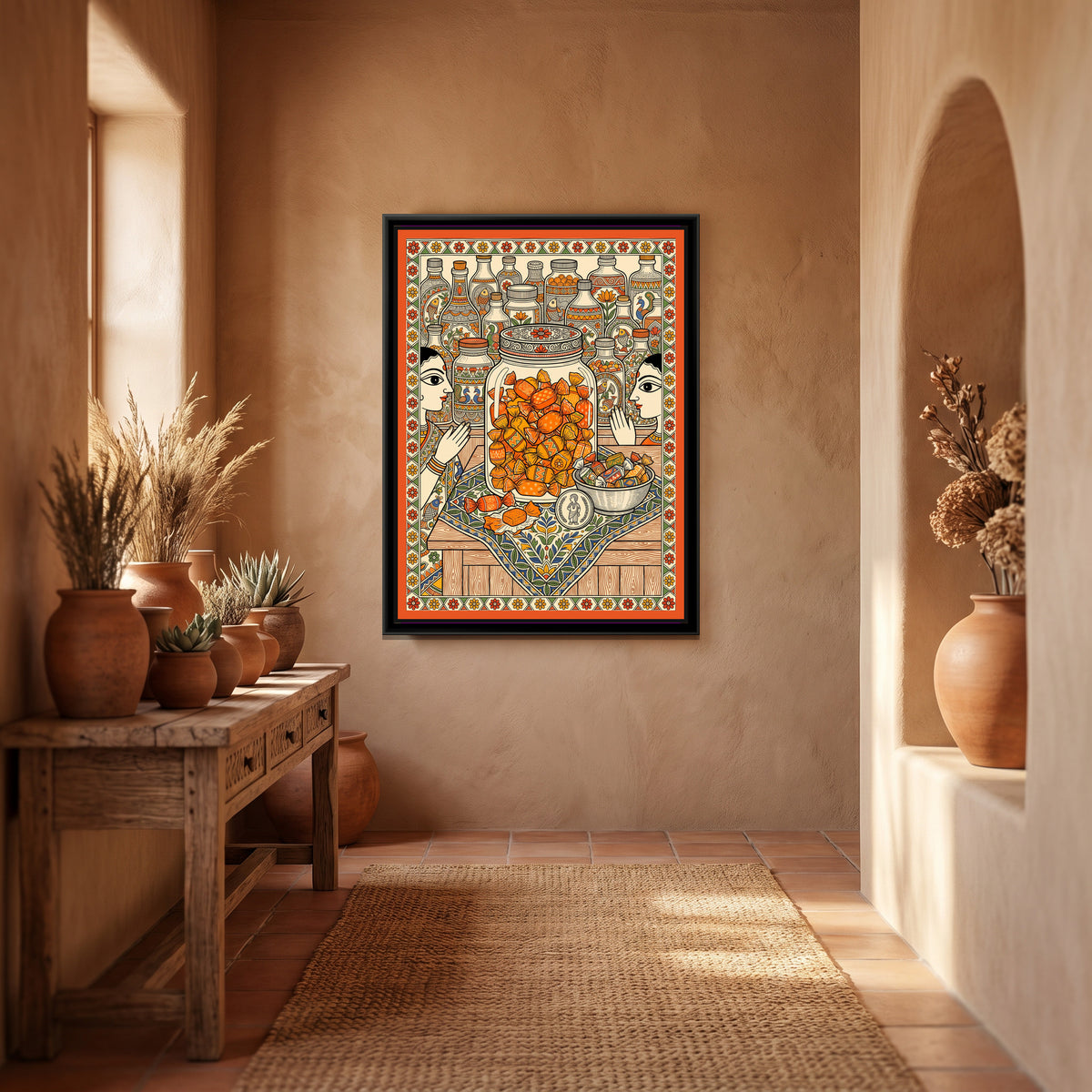 Traditional Pop The Orange Candy Jar Painting - canvas print shown in a second room setting
