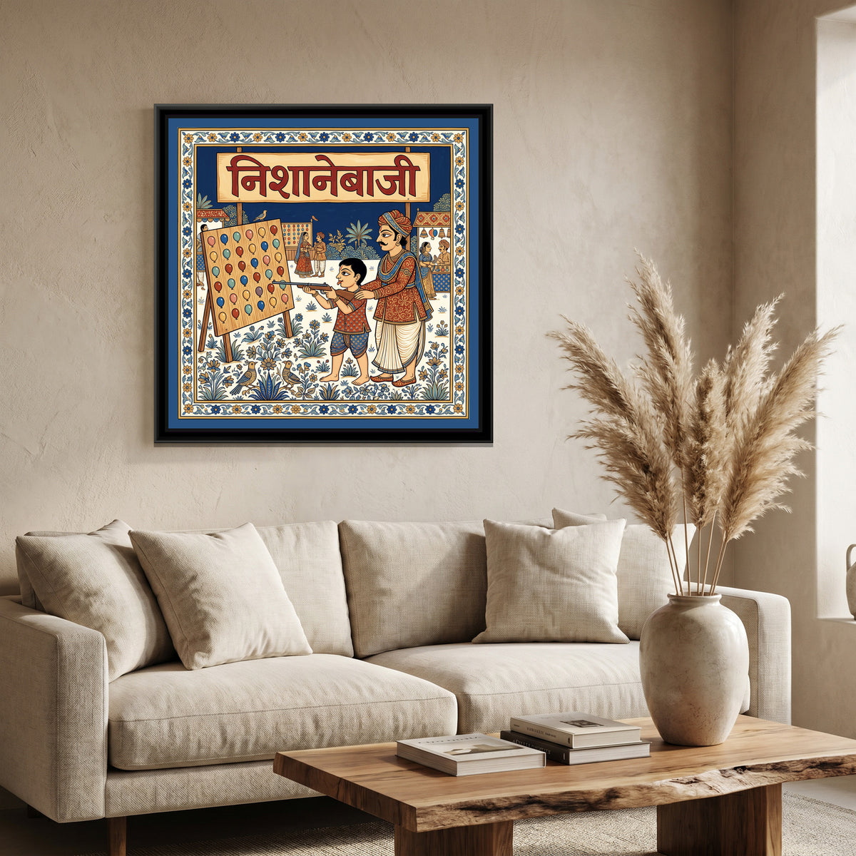 Phad Painting – Balloon Shooting Stall - canvas print shown in a styled room
