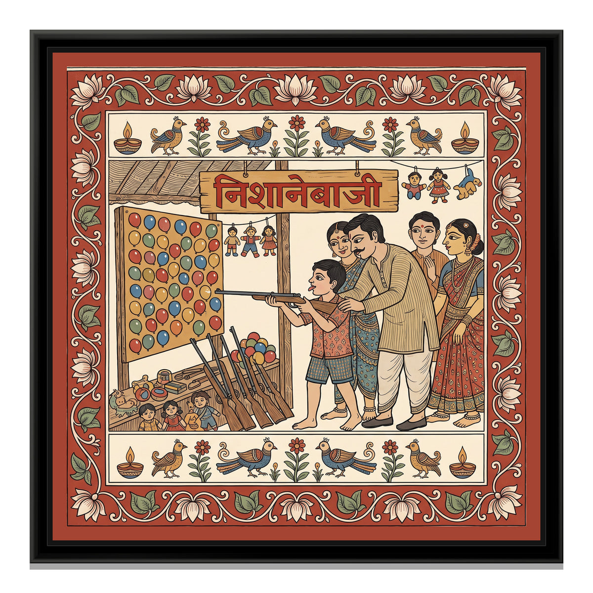 Kalamkari Painting – Balloon Shooting Stall - framed canvas print, front view