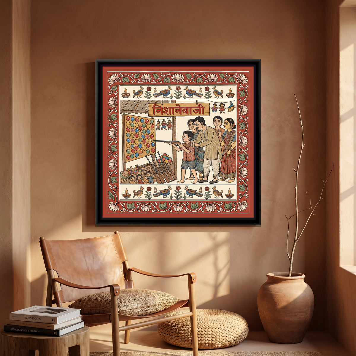 Kalamkari Painting – Balloon Shooting Stall - canvas print shown in a styled room