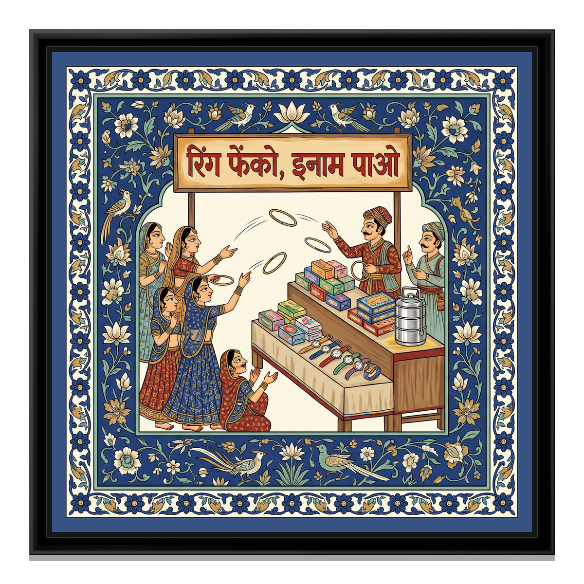 Phad Painting – Ring Toss - framed canvas print, front view