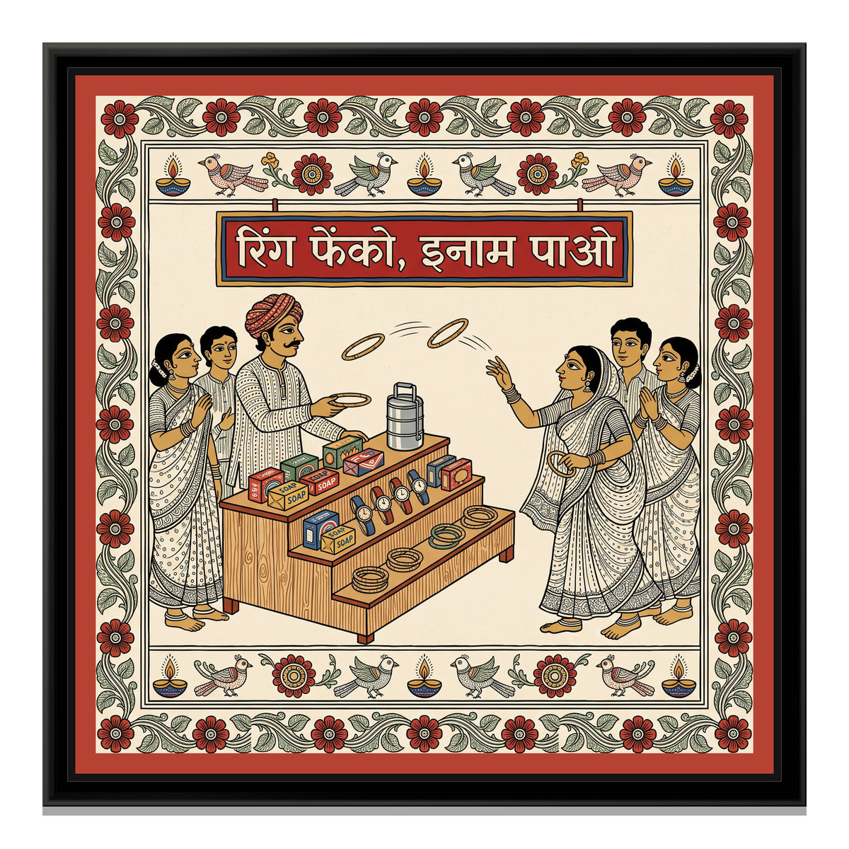 Kalamkari Painting – Ring Toss - framed canvas print, front view