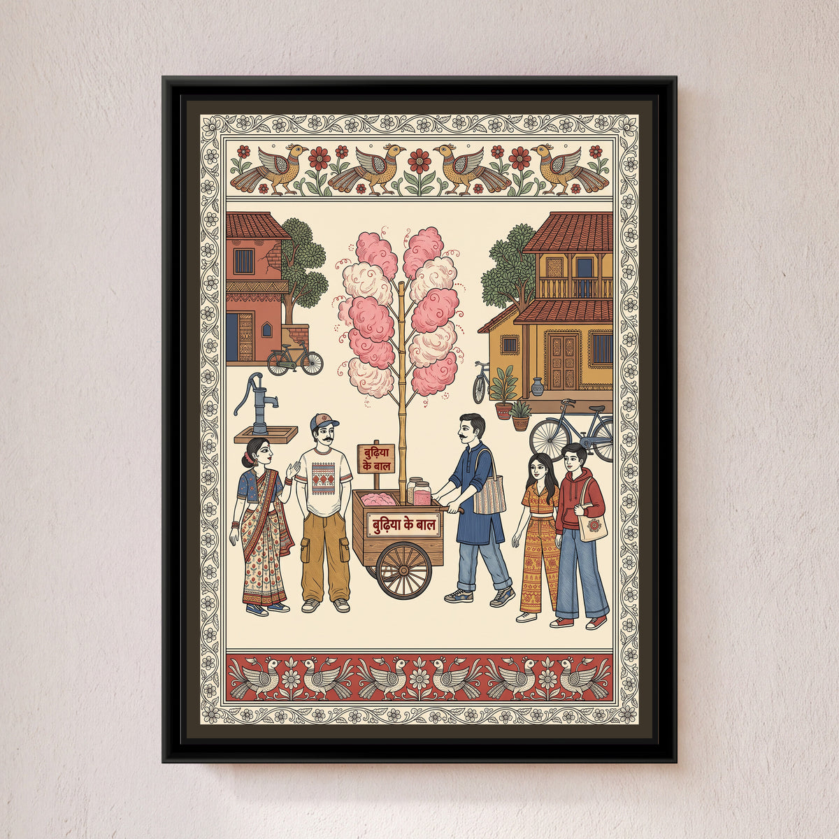 Kalamkari Painting – Candy Floss Seller - framed canvas print of a man pushing a wooden budhiya ke baal cart with a bamboo pole of pink candy floss through a village lane, friends in caps, hoodies and saris around it, Kalamkari style, hung on a wall