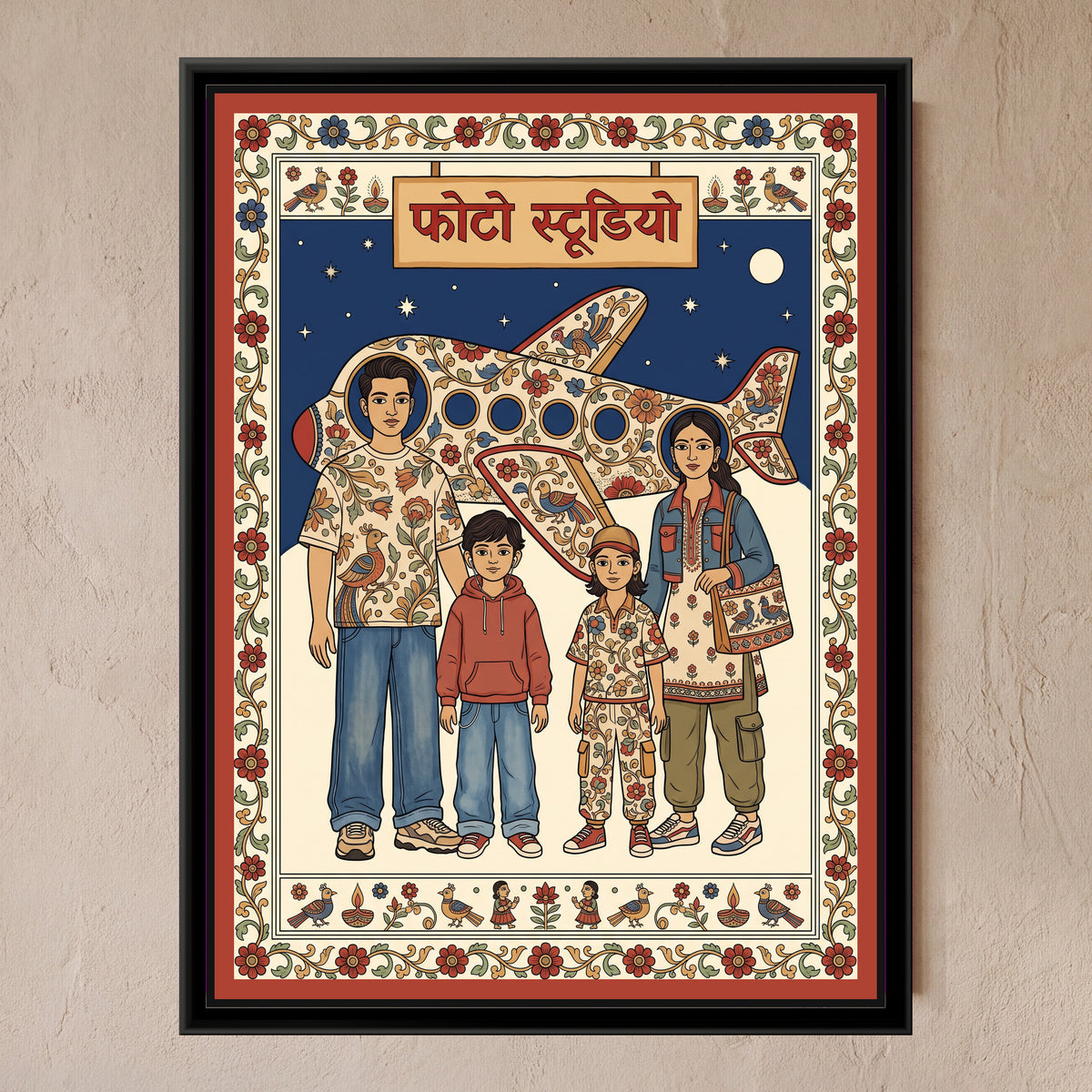 Kalamkari Painting – Mela Photo Cut-out - framed canvas print of a family of four standing straight-faced in front of a painted plywood aeroplane cut-out under a Hindi Photo Studio sign, night sky with stars and moon, Kalamkari style in red, indigo and cream, hung on a wall