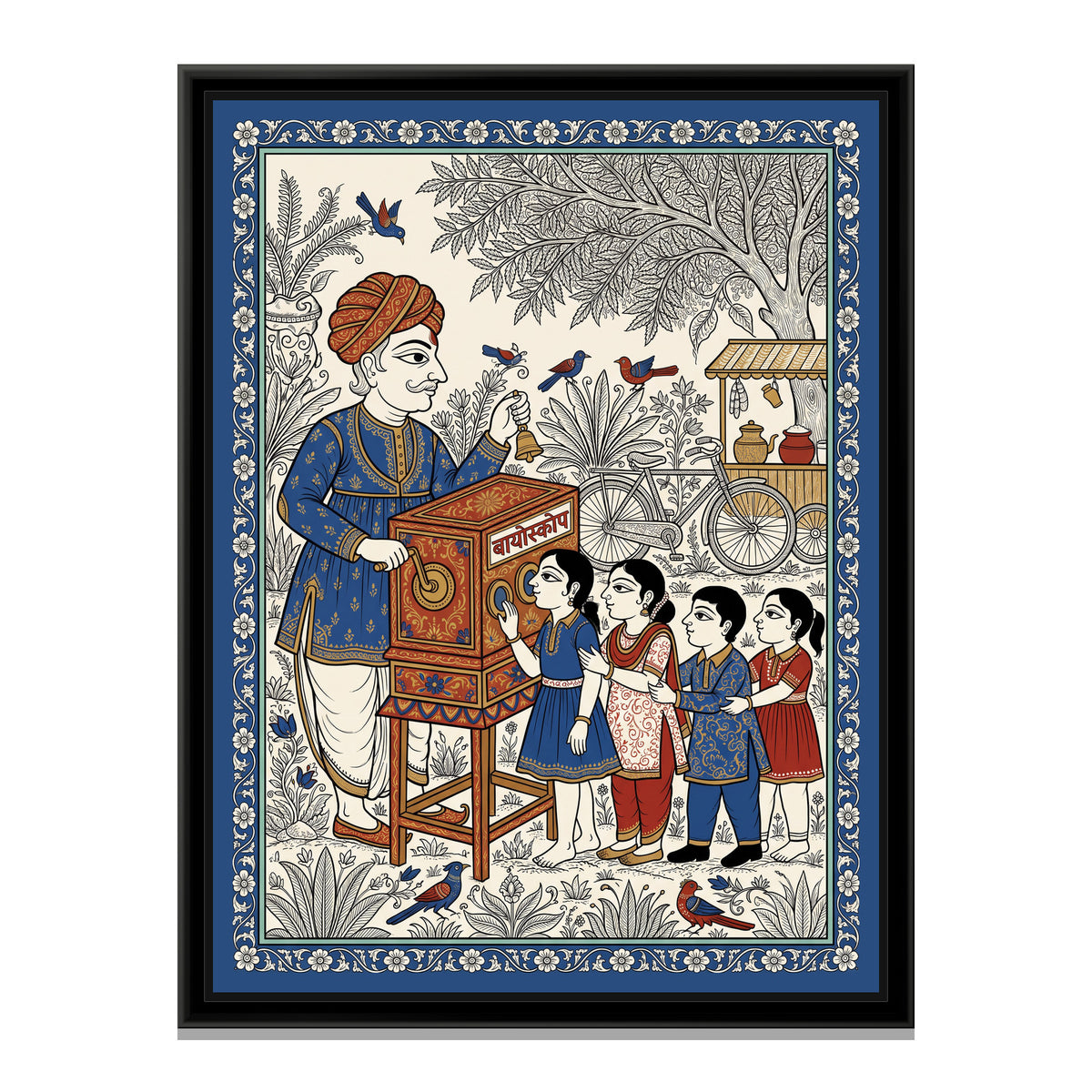 Phad Painting – Bioscope Wala - framed canvas print, front view
