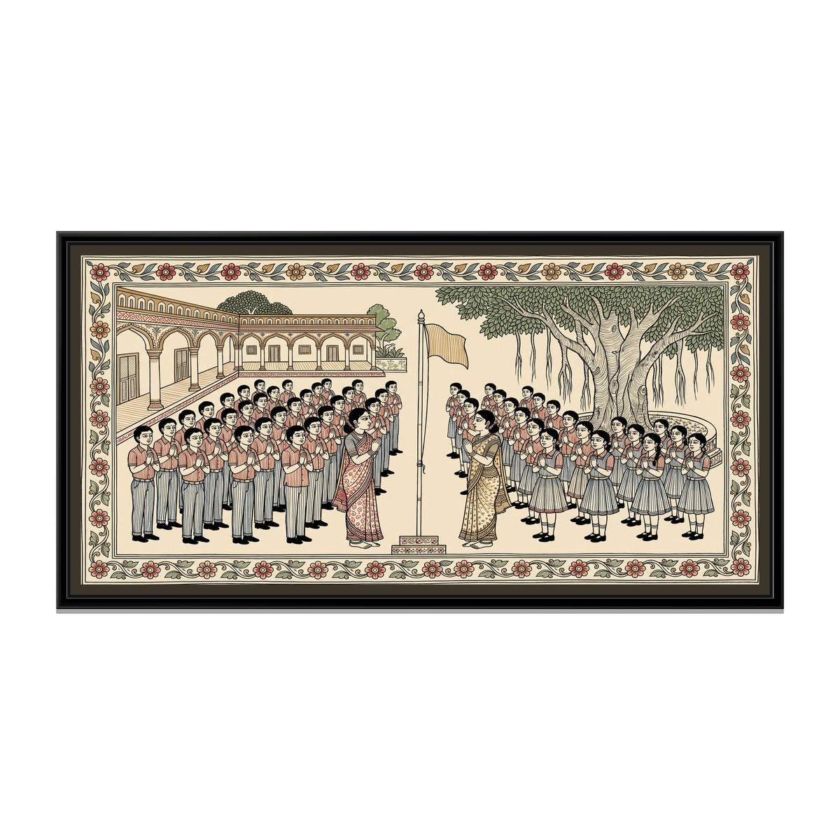 Kalamkari Painting – Morning Assembly - framed canvas print, front view