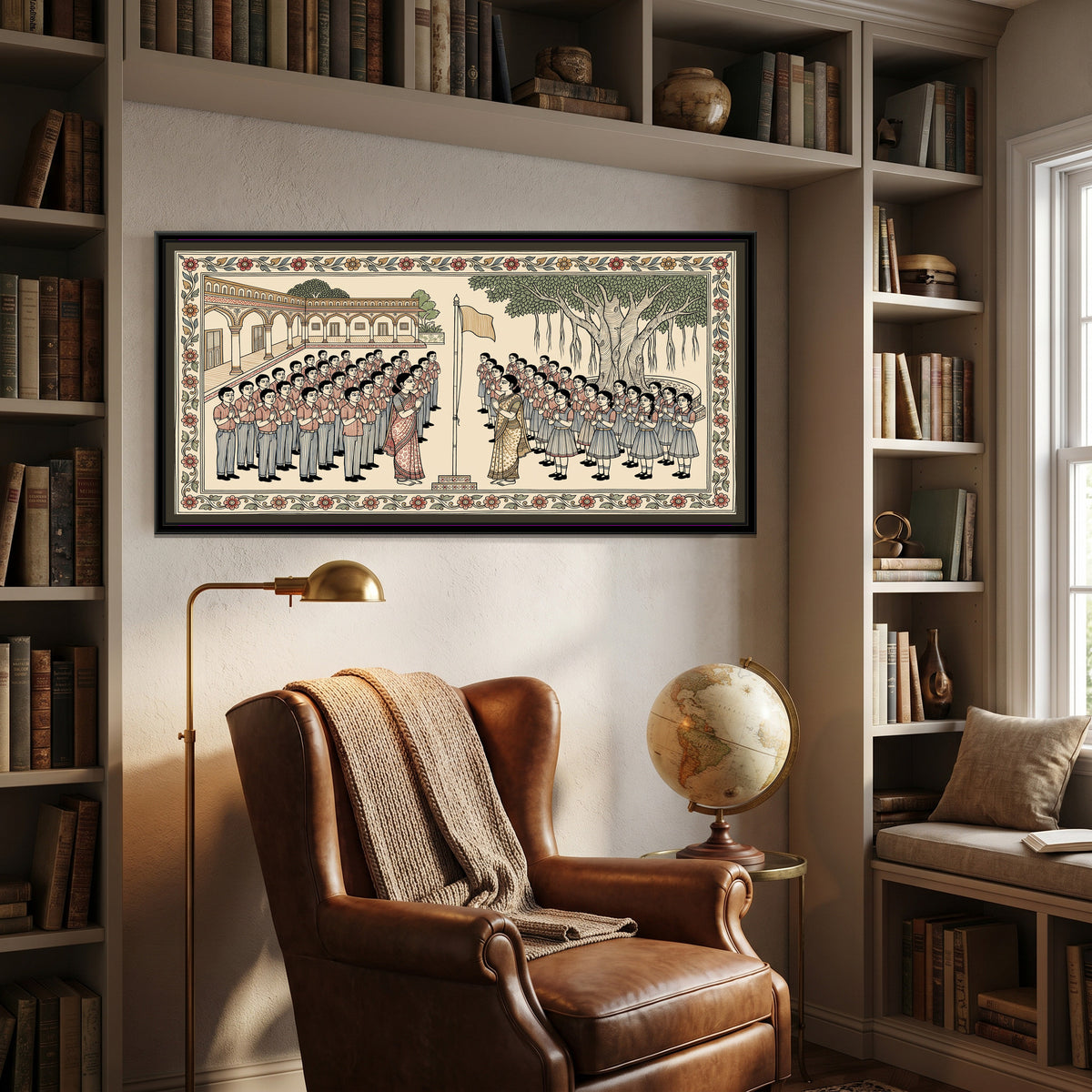 Kalamkari Painting – Morning Assembly - canvas print shown in a styled room