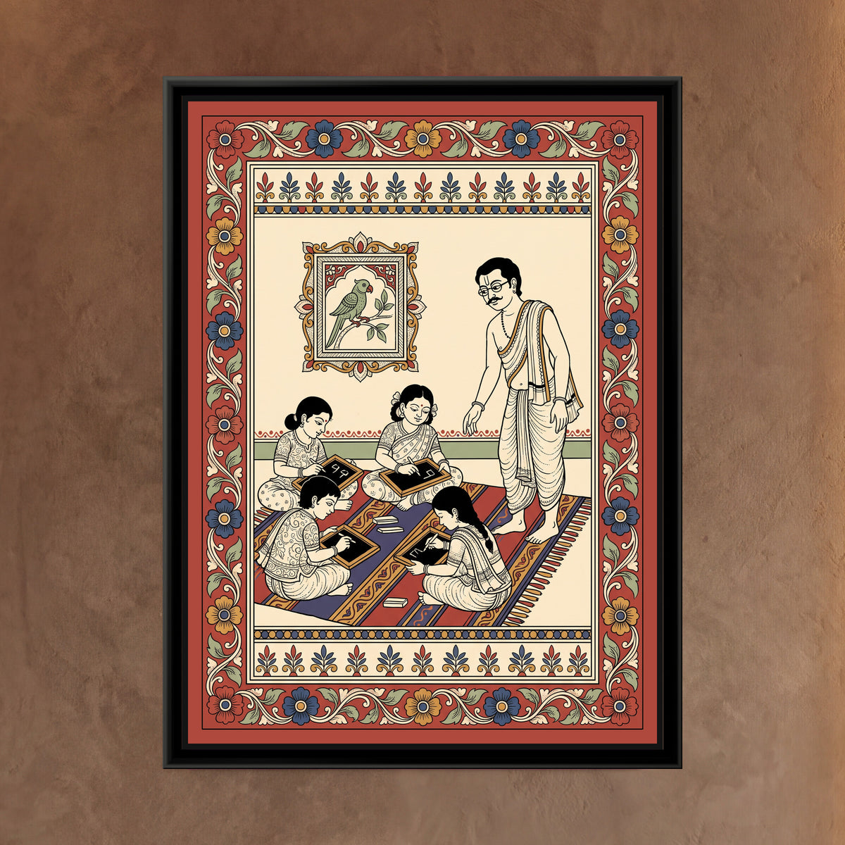 Kalamkari Painting – Slate and Chalk - framed canvas print of four small children sitting cross-legged on a striped red and blue mat writing on wooden-framed slates with chalk, a teacher with spectacles and a moustache in a white dhoti and shawl standing over them, a framed parrot picture on the wall, red floral border, hung on a wall