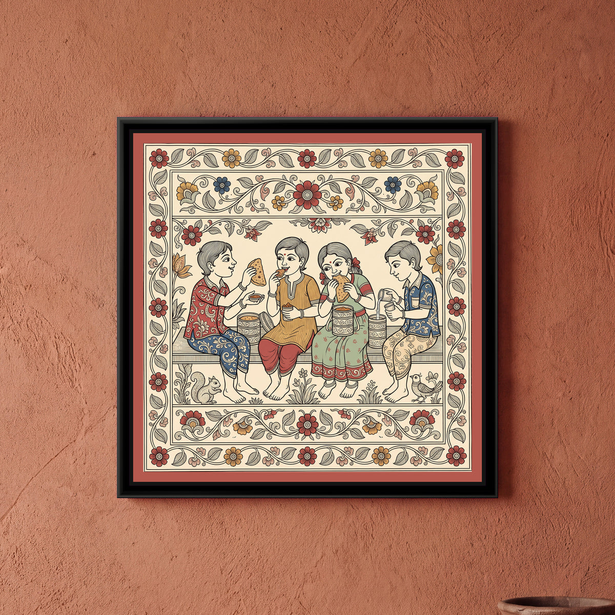 Kalamkari Painting – Sharing Tiffins - framed canvas print of four schoolfriends on a wooden bench at lunch break sharing parathas and pickle from round patterned tiffin boxes, one boy pouring water, a squirrel and a bird on the ground below, flowering vine borders on a cream ground, flat red edge, hung on a wall