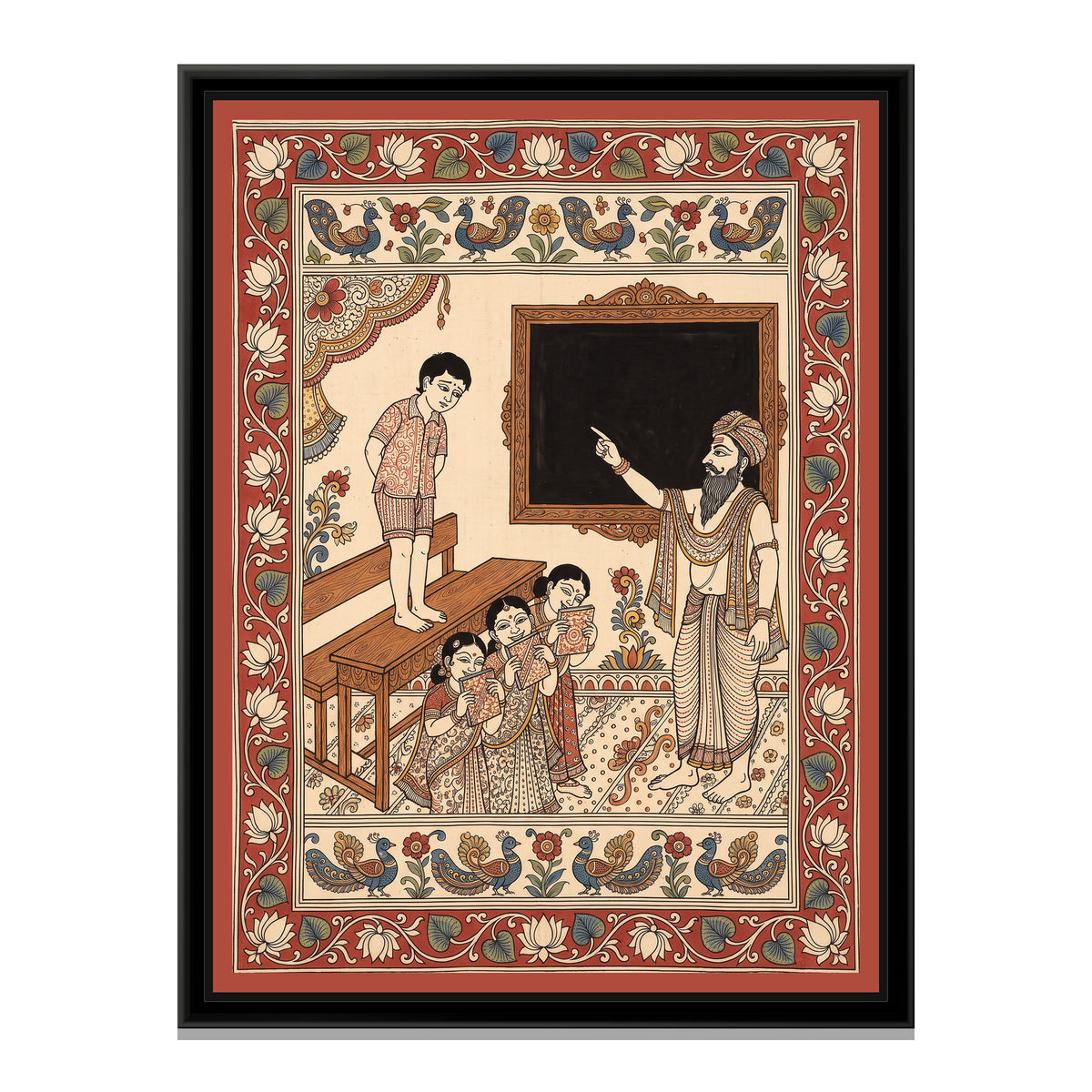 Kalamkari Painting – Standing on the Bench - framed canvas print, front view