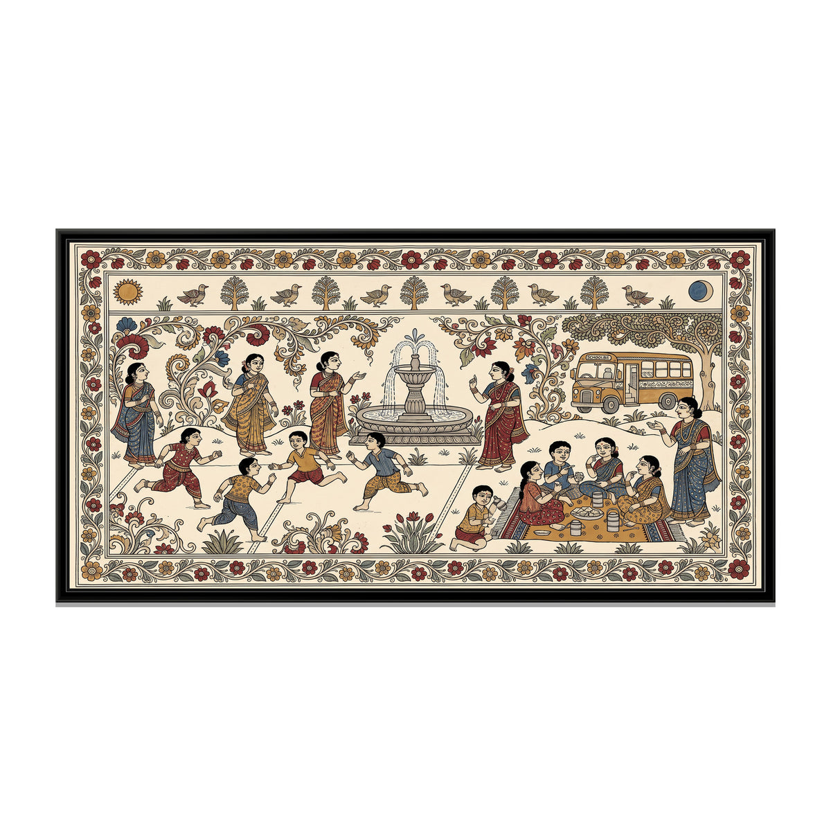 Kalamkari Painting – The School Picnic - framed canvas print, front view