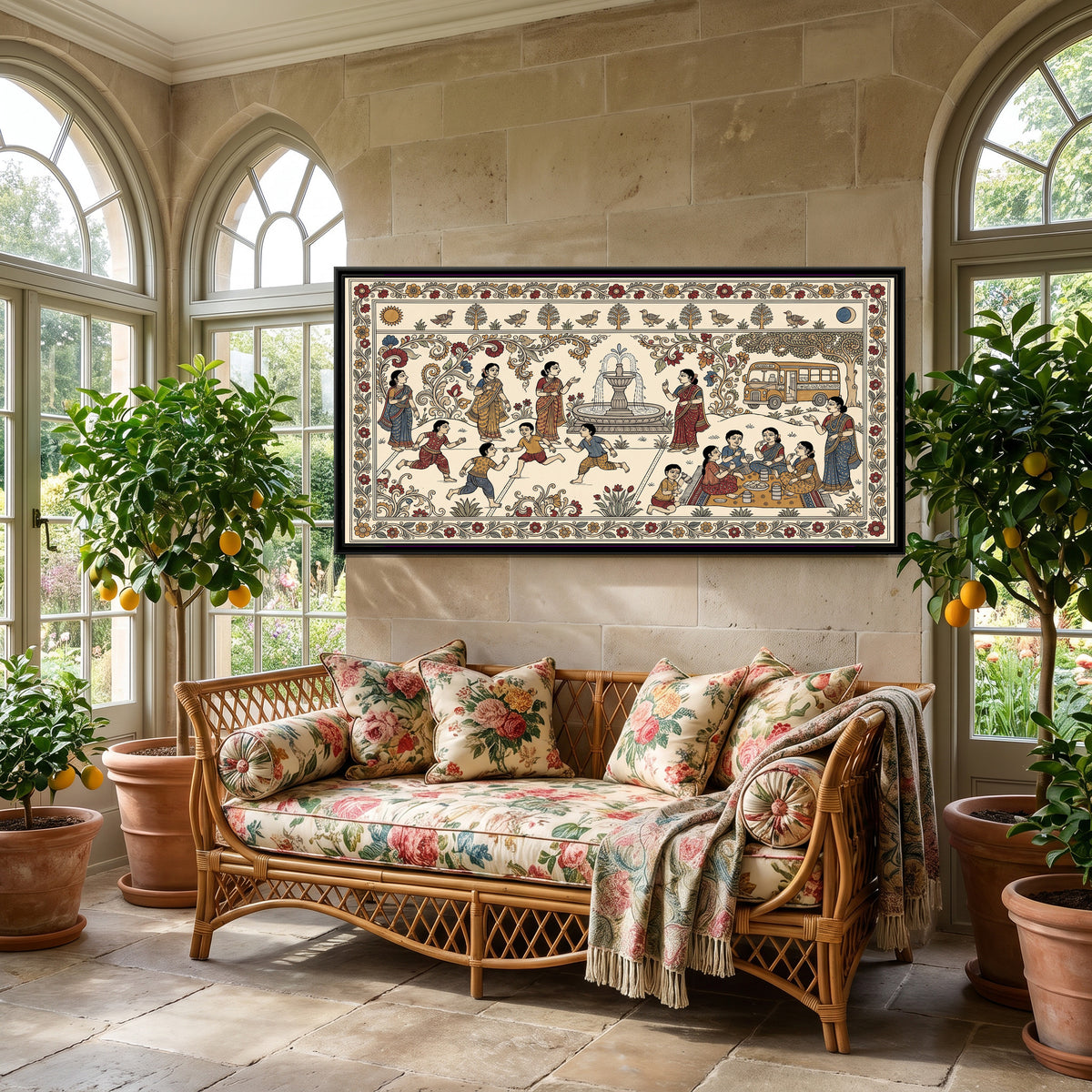 Kalamkari Painting – The School Picnic - canvas print shown in a second room setting
