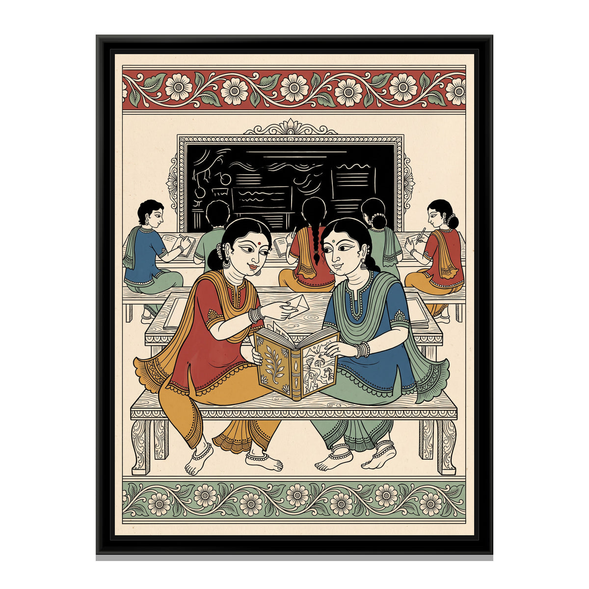 Kalamkari Painting – Last Bench - framed canvas print, front view