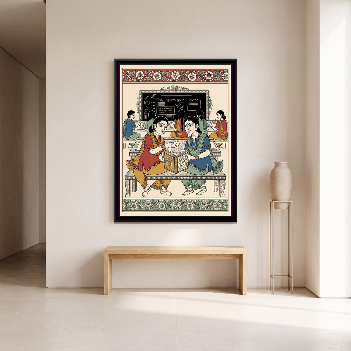 Kalamkari Painting – Last Bench - canvas print shown in a styled room
