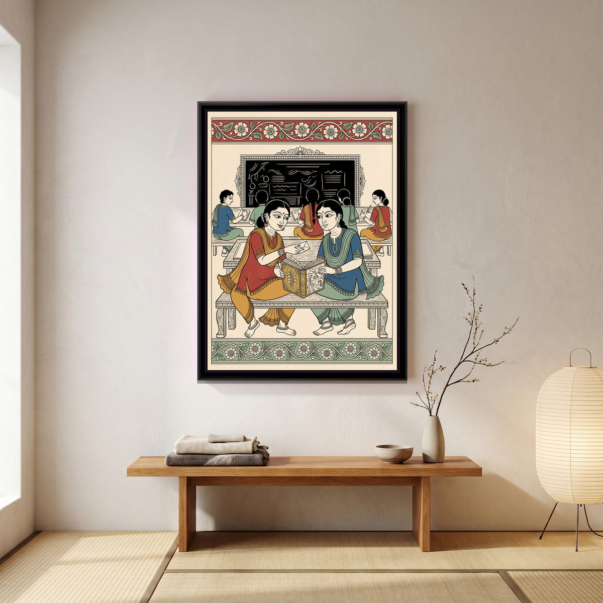 Kalamkari Painting – Last Bench - canvas print shown in a second room setting