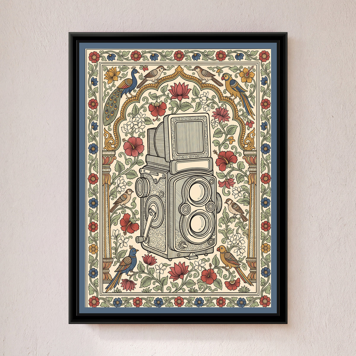 Kalamkari Painting – The Twin-Lens Camera Portrait - framed canvas print of a vintage twin-lens reflex camera with two stacked round lenses and its viewing hood open, at the centre of a garden of red hibiscus, lotus and white jasmine with parrots, sparrows and a peacock, under a cusped arch on pillars, slate blue outer band, hung on a wall