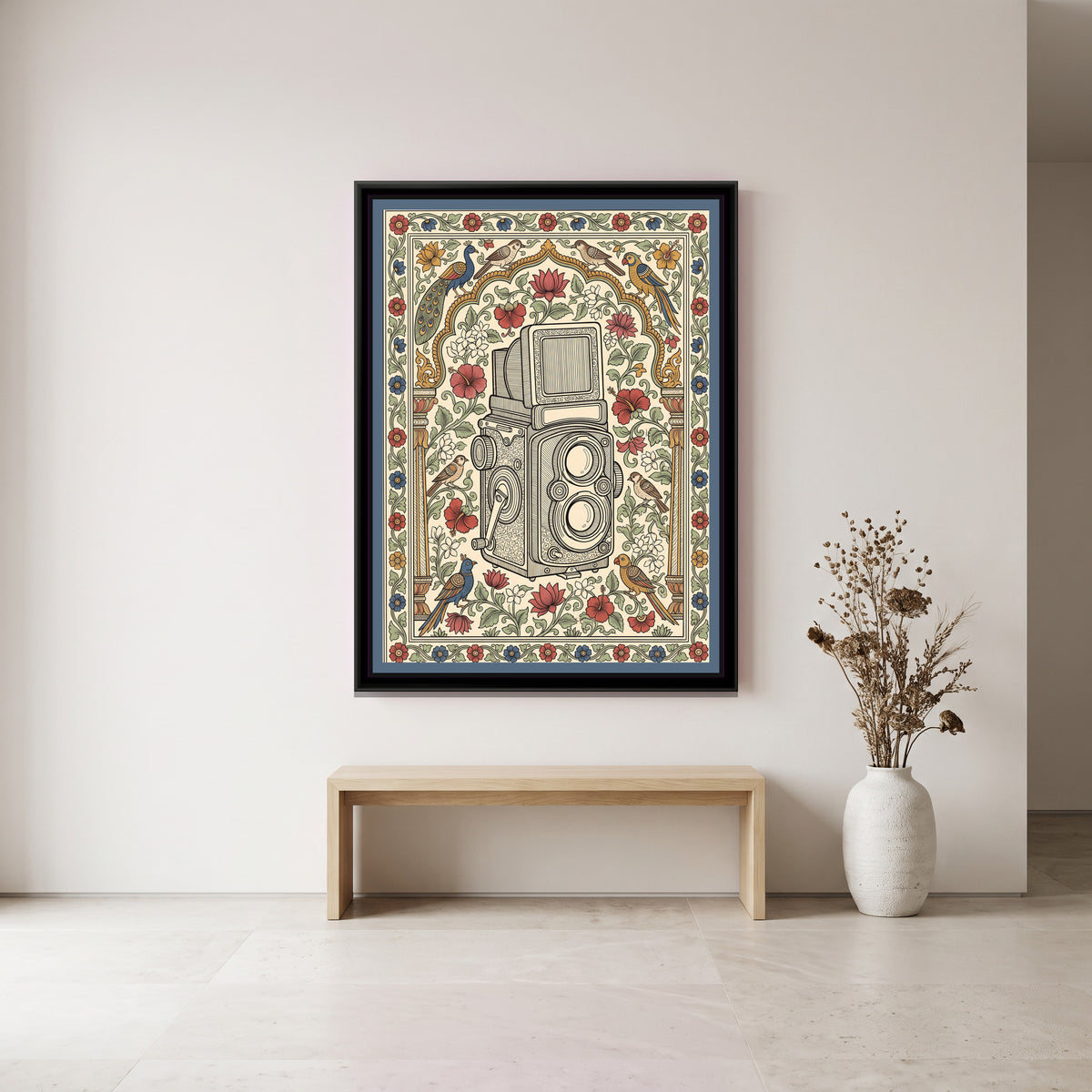 Kalamkari Painting – The Twin-Lens Camera Portrait - canvas print shown in a styled room