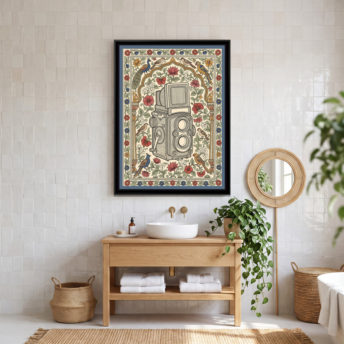 Kalamkari Painting – The Twin-Lens Camera Portrait - canvas print shown in a second room setting