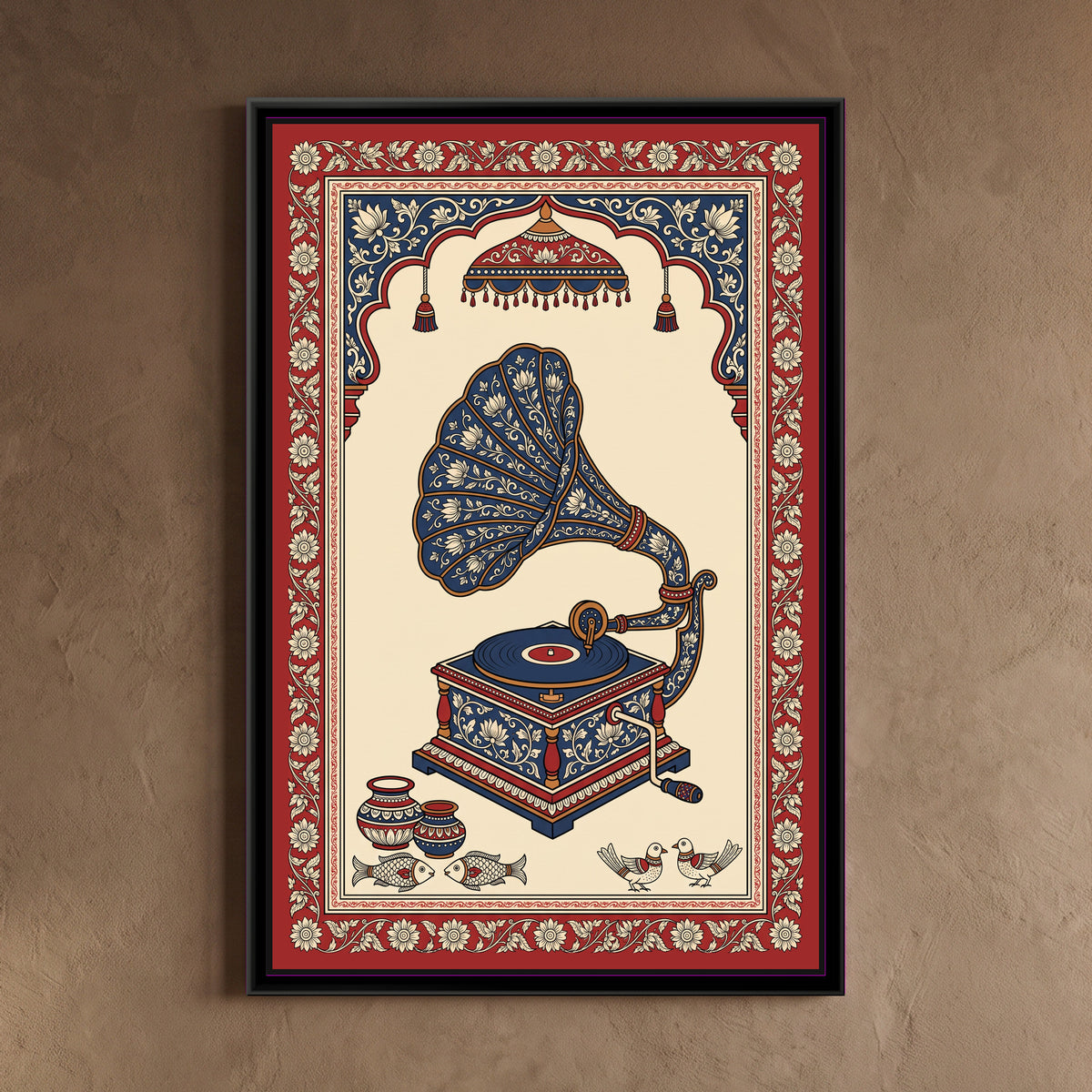 Kalamkari Painting – Gramophone - framed canvas print of a vintage gramophone with a great flared indigo horn decorated with white lotuses and a record on the turntable, a hanging canopy with tassels in an arch above, two pots, two fish and two birds below, deep red floral border, hung on a wall