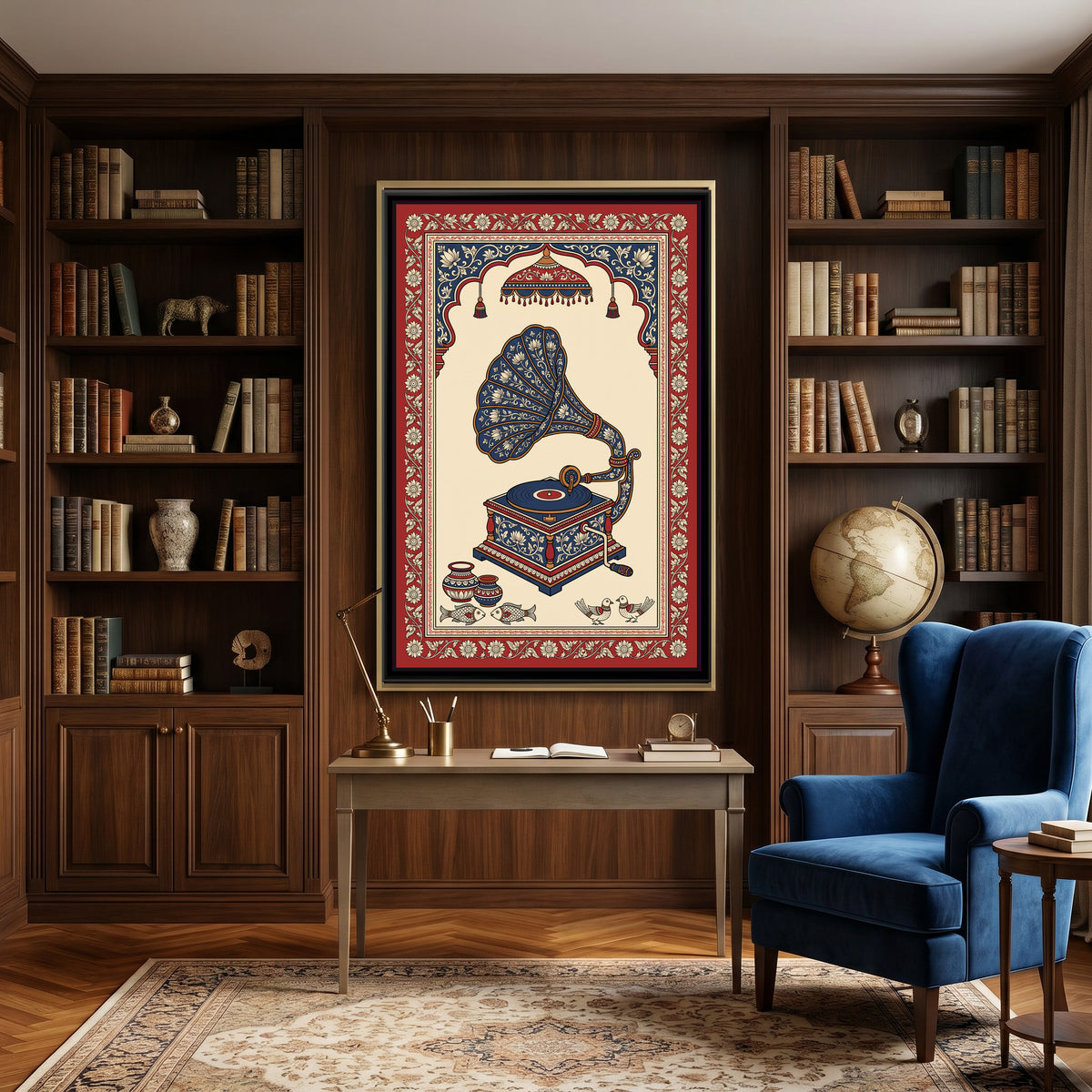 Kalamkari Painting – Gramophone - canvas print shown in a second room setting