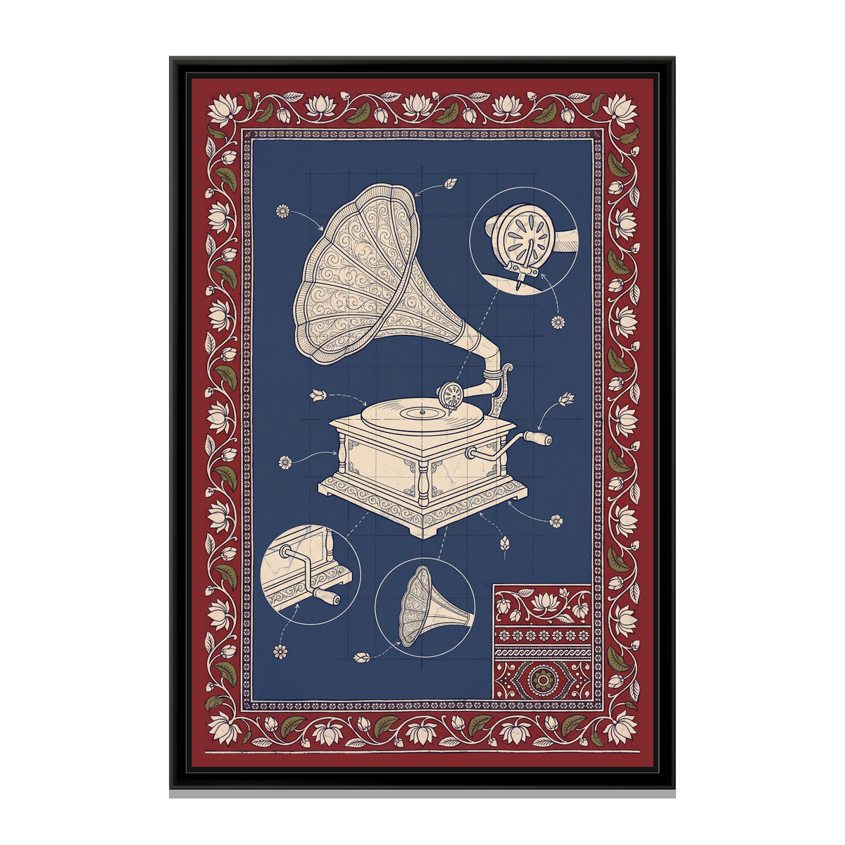 Kalamkari Blueprint – Gramophone - framed canvas print, front view