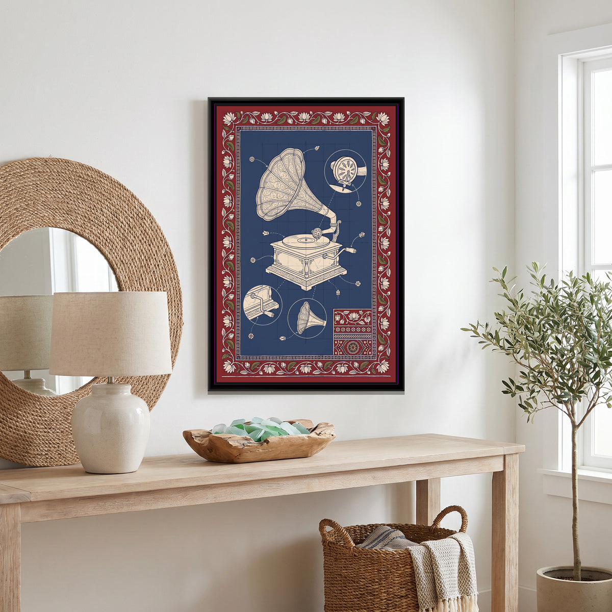 Kalamkari Blueprint – Gramophone - canvas print shown in a styled room