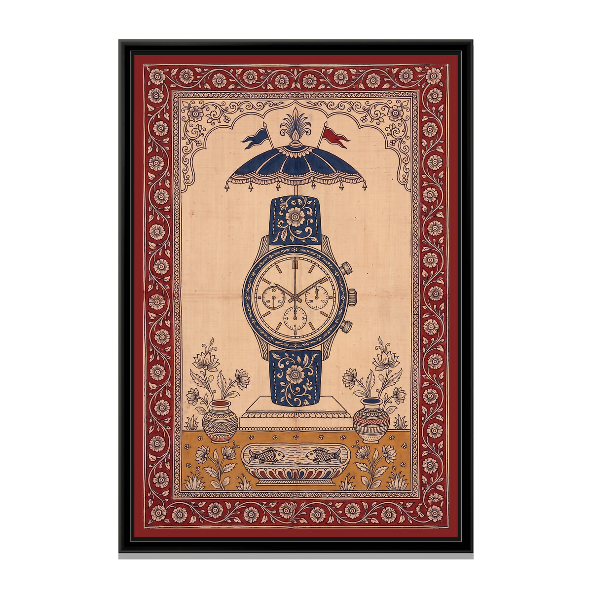 Kalamkari Painting – Chronograph Wristwatch - framed canvas print, front view
