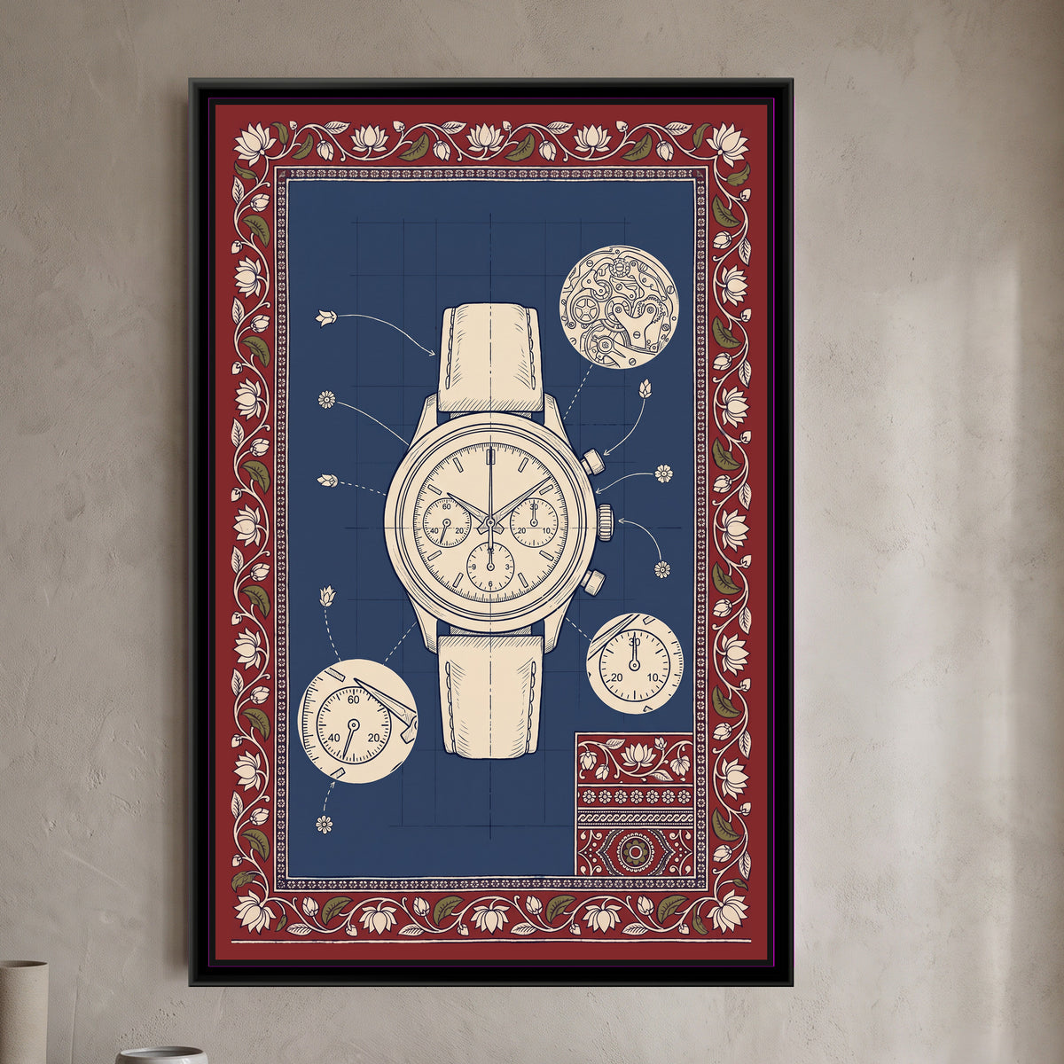 Kalamkari Blueprint – Chronograph Wristwatch - framed canvas print of a cream line drawing of a vintage chronograph wristwatch on an indigo blueprint grid, with detail circles of the gear movement and the sub-dials, flower-tipped pointer lines, a small patterned swatch in one corner, deep red border of lotuses and leaves, hung on a wall