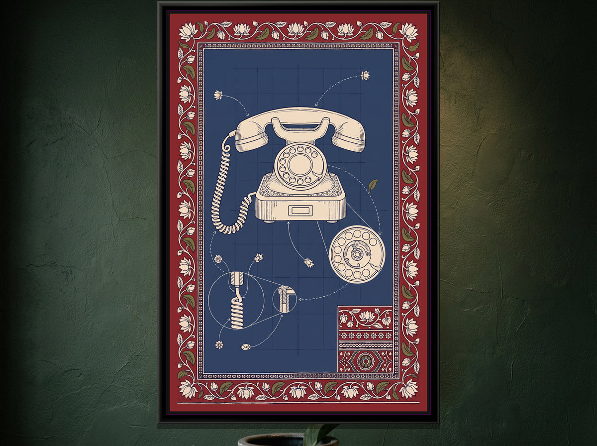 Kalamkari Blueprint – Rotary Telephone - canvas print shown in a second room setting