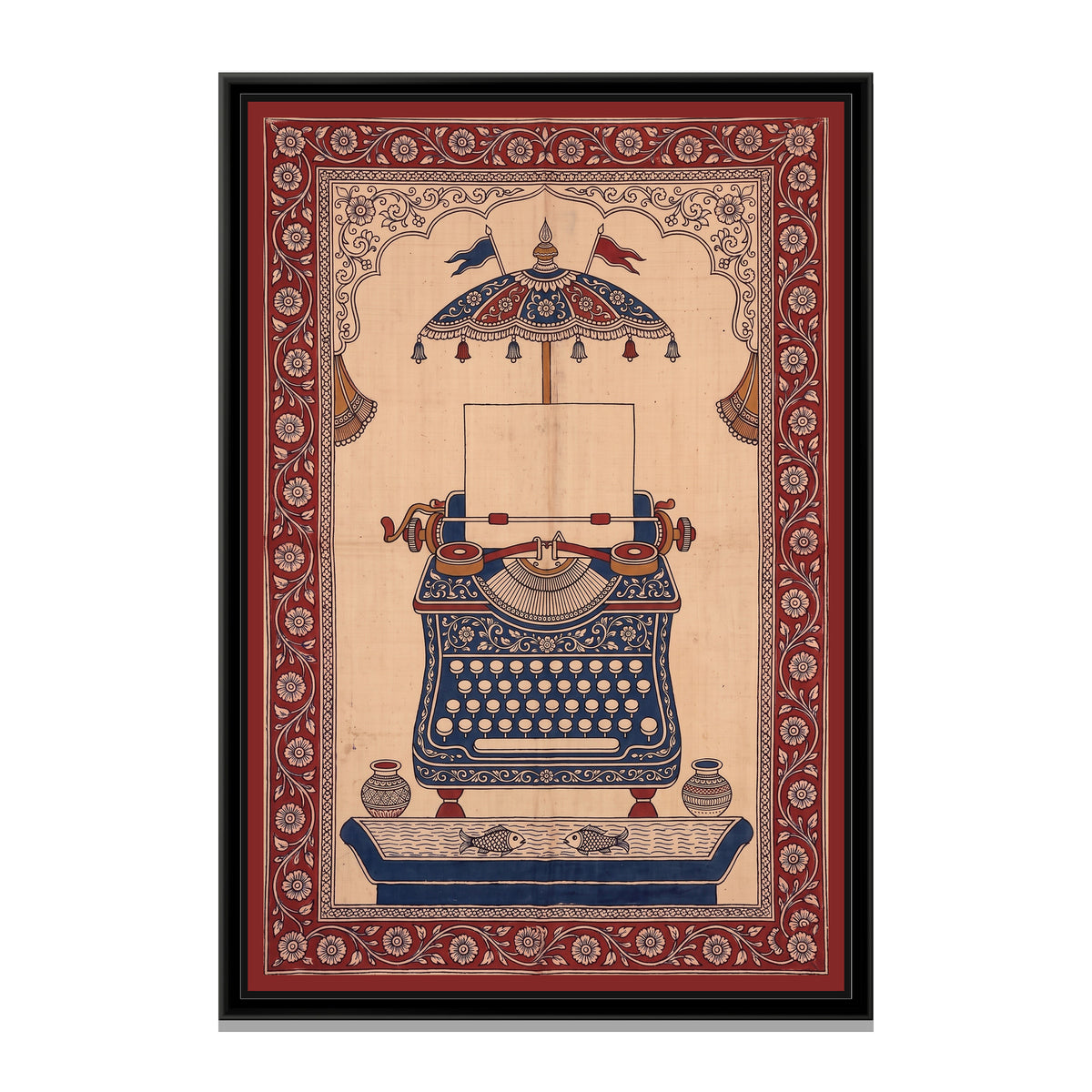 Kalamkari Painting – Typewriter - framed canvas print, front view