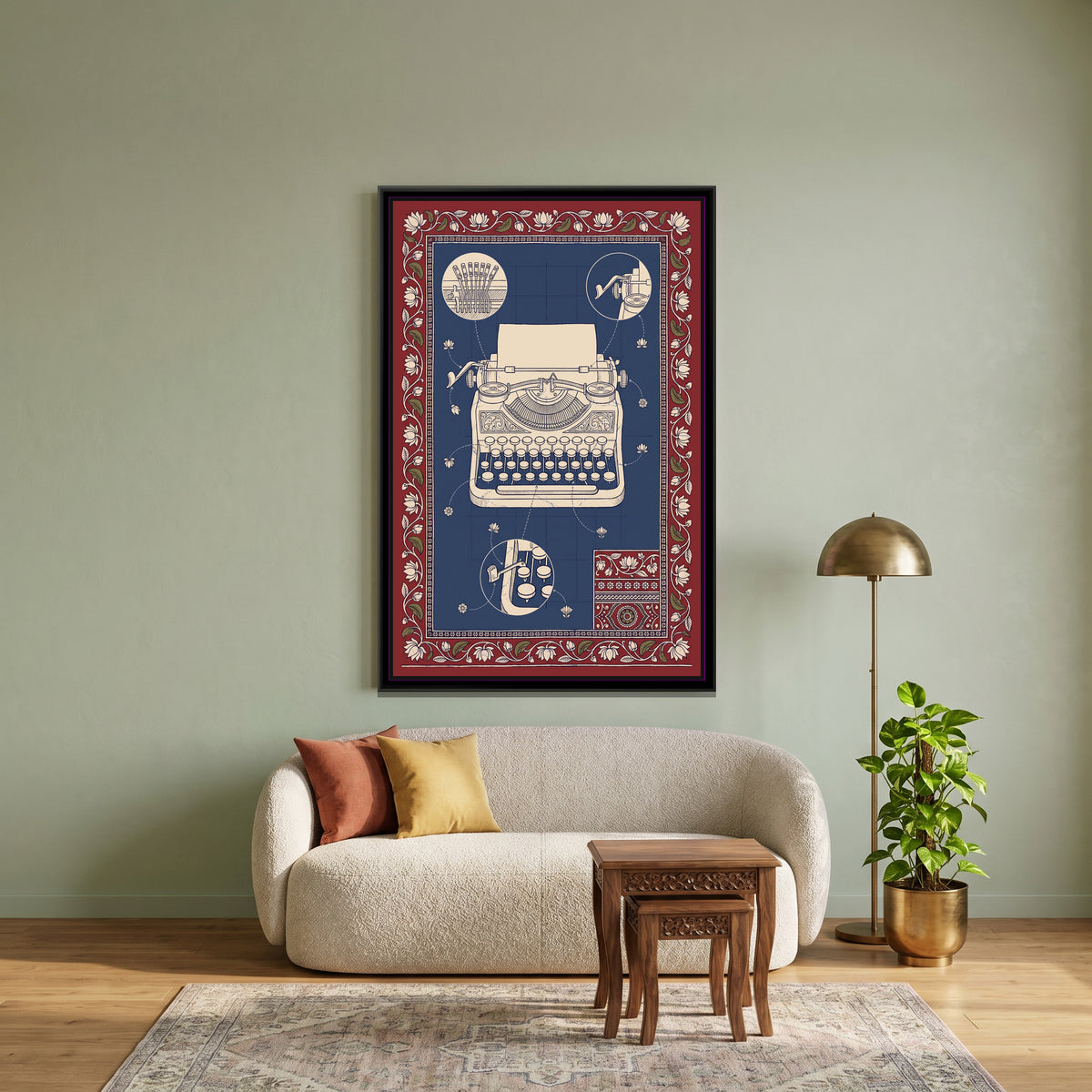 Kalamkari Blueprint – Typewriter - canvas print shown in a styled room
