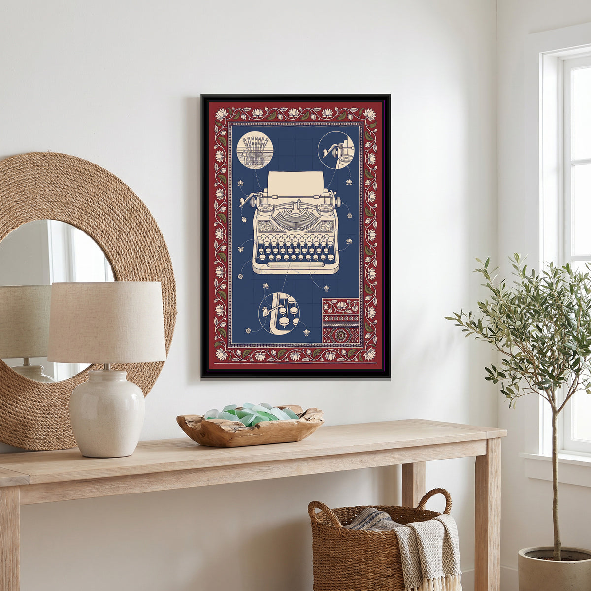 Kalamkari Blueprint – Typewriter - canvas print shown in a second room setting
