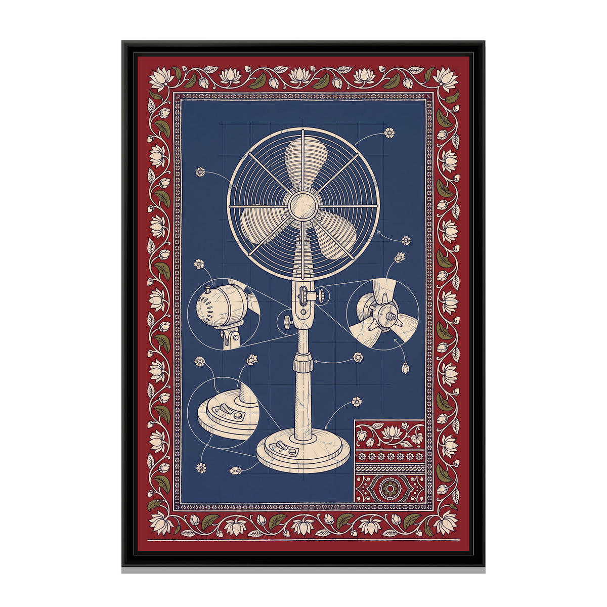 Kalamkari Blueprint – Table Fan - framed canvas print, front view