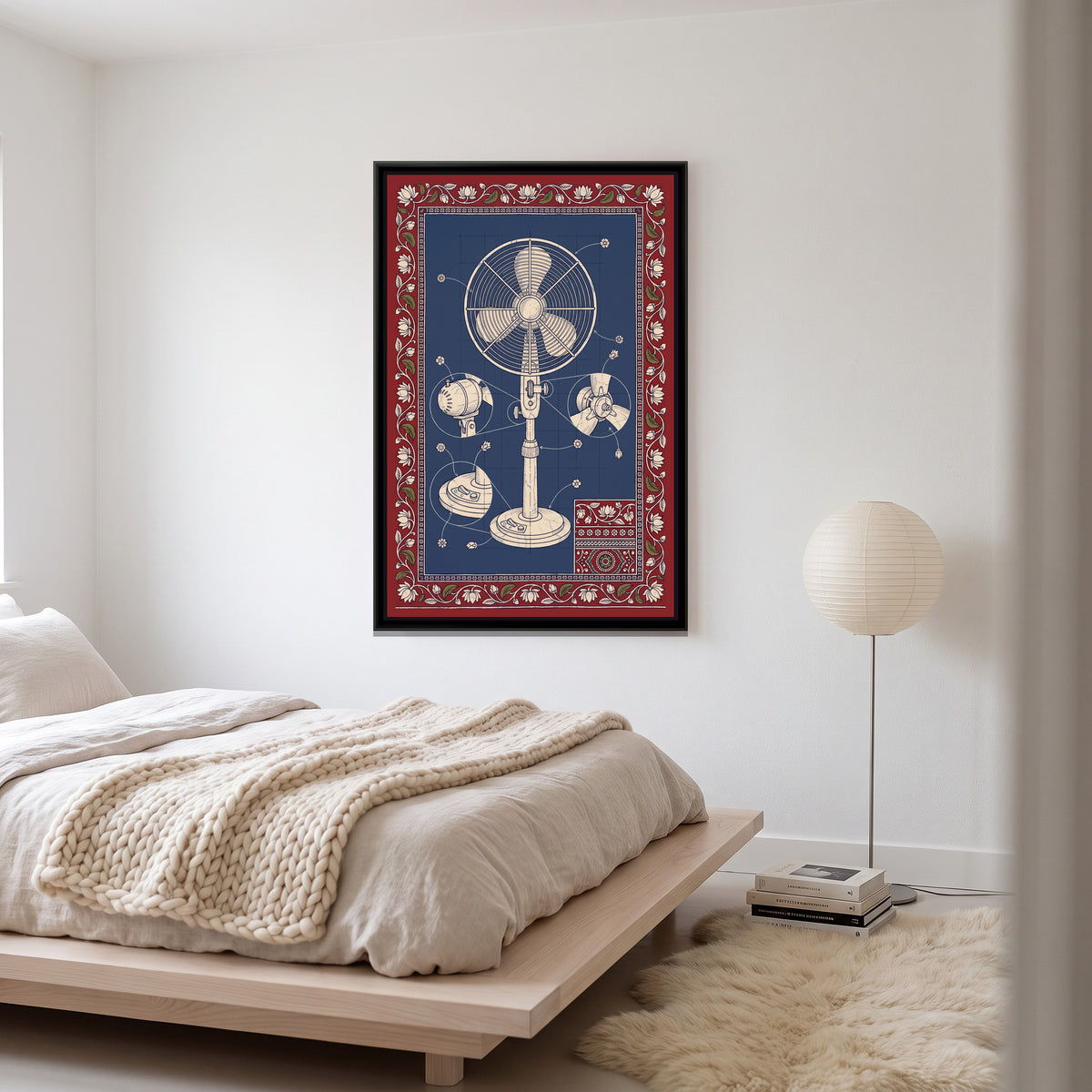 Kalamkari Blueprint – Table Fan - canvas print shown in a second room setting