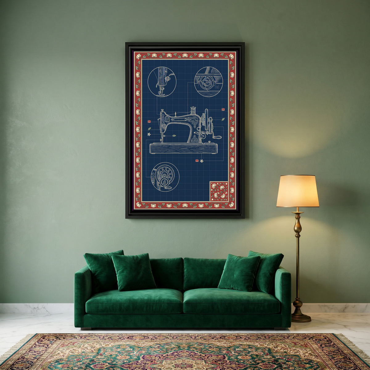 Kalamkari Blueprint – Sewing Machine - canvas print shown in a styled room