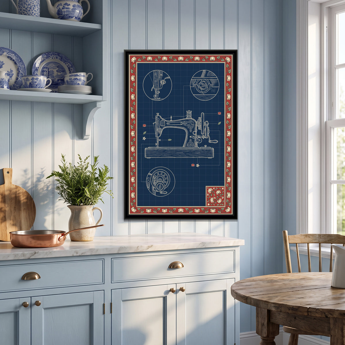 Kalamkari Blueprint – Sewing Machine - canvas print shown in a second room setting