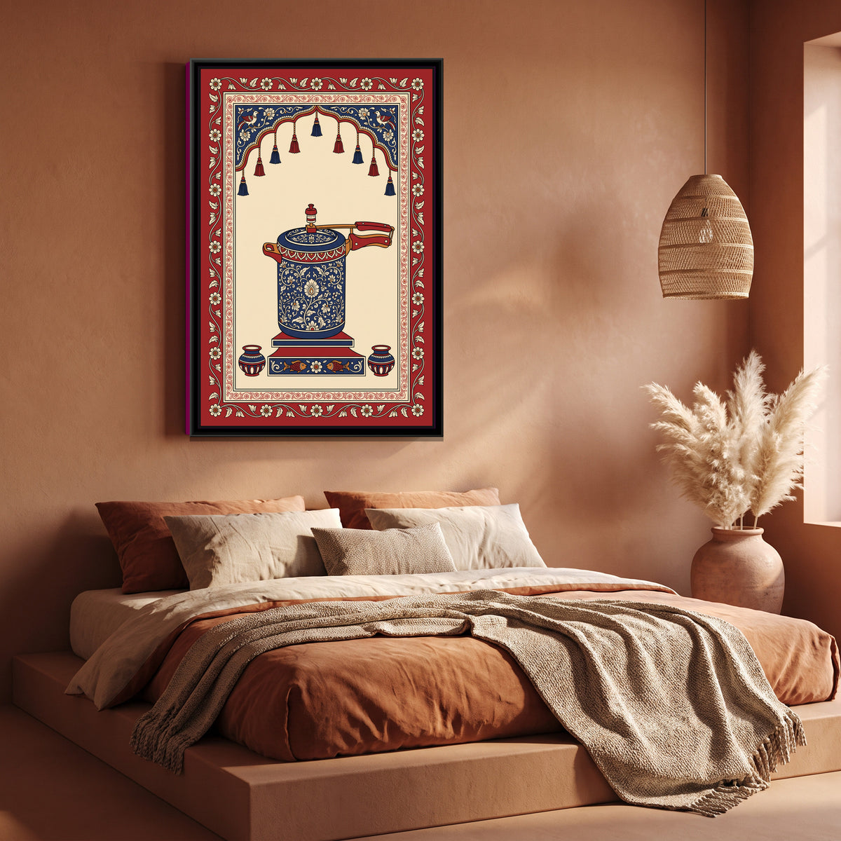 Kalamkari Painting – Pressure Cooker - canvas print shown in a styled room