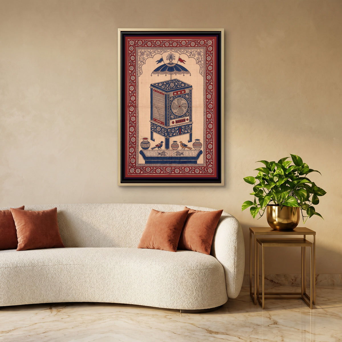 Kalamkari Painting – Desert Cooler - canvas print shown in a styled room