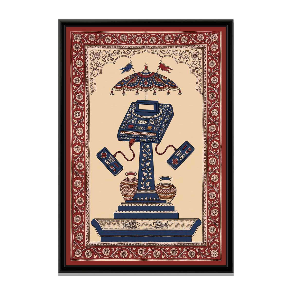 Kalamkari Painting – Retro Games Console - framed canvas print, front view