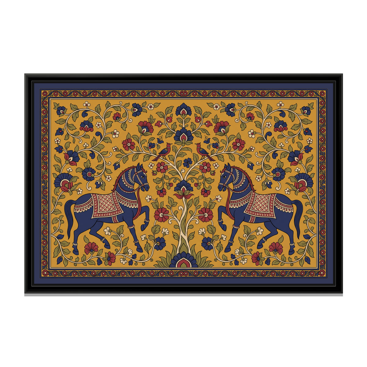 Kalamkari Painting – Pair of Horses Facing a Tree of Life - framed canvas print, front view