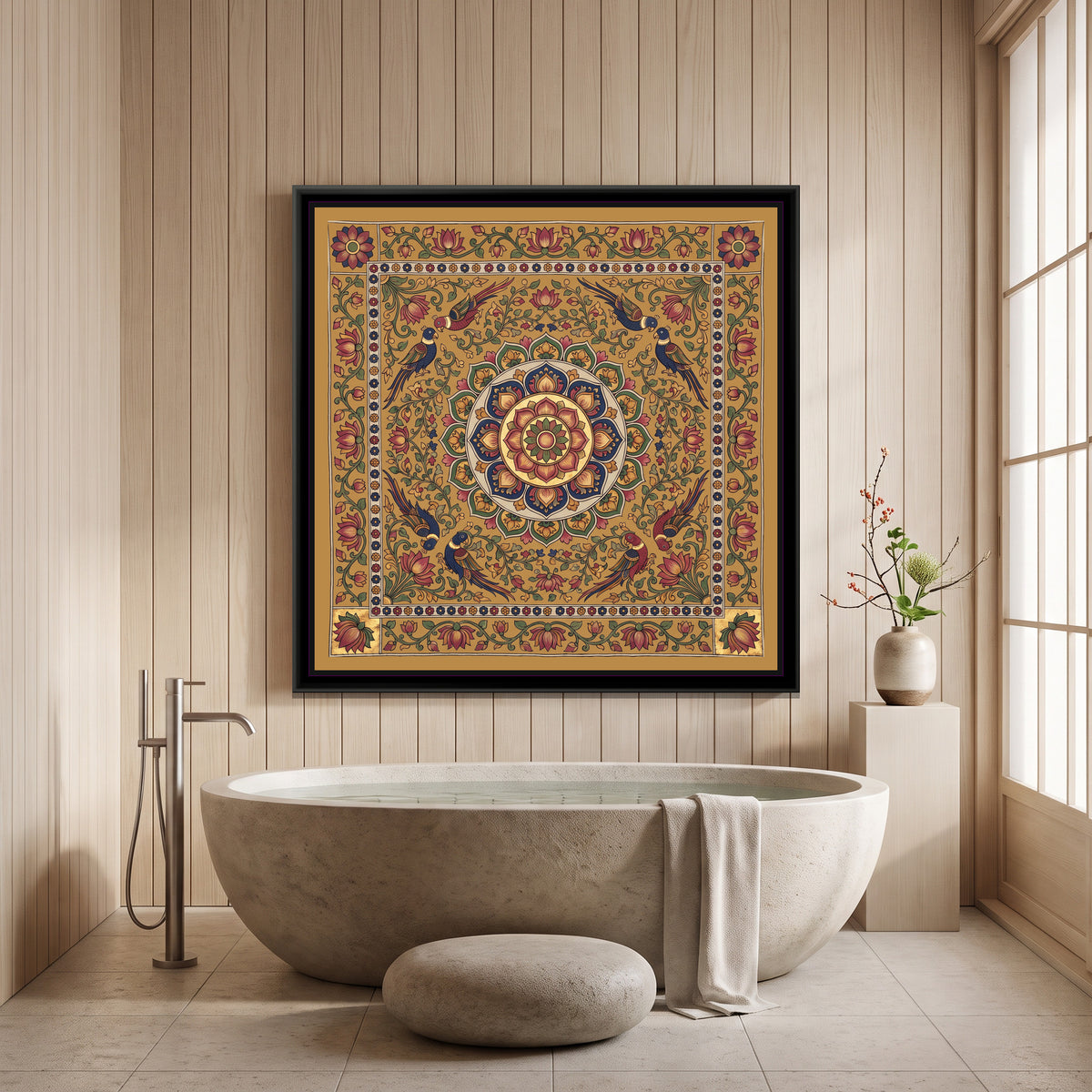 Kalamkari Painting – Parrots around a Lotus Medallion - canvas print shown in a second room setting