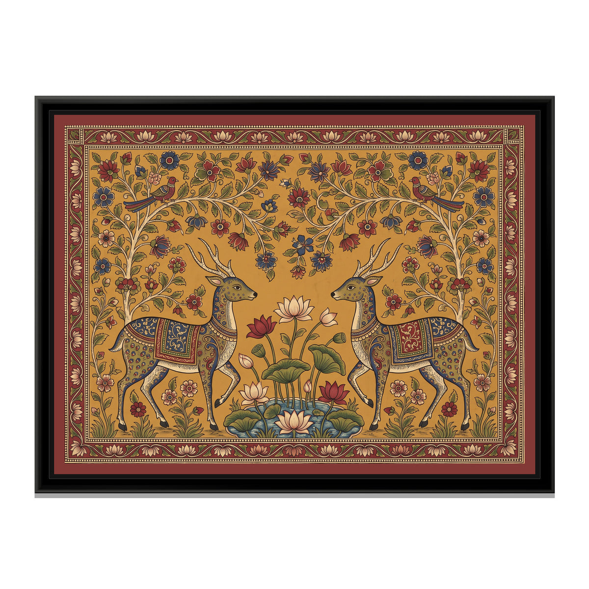 Kalamkari Painting – Deer Pair at a Lotus Pond - framed canvas print, front view
