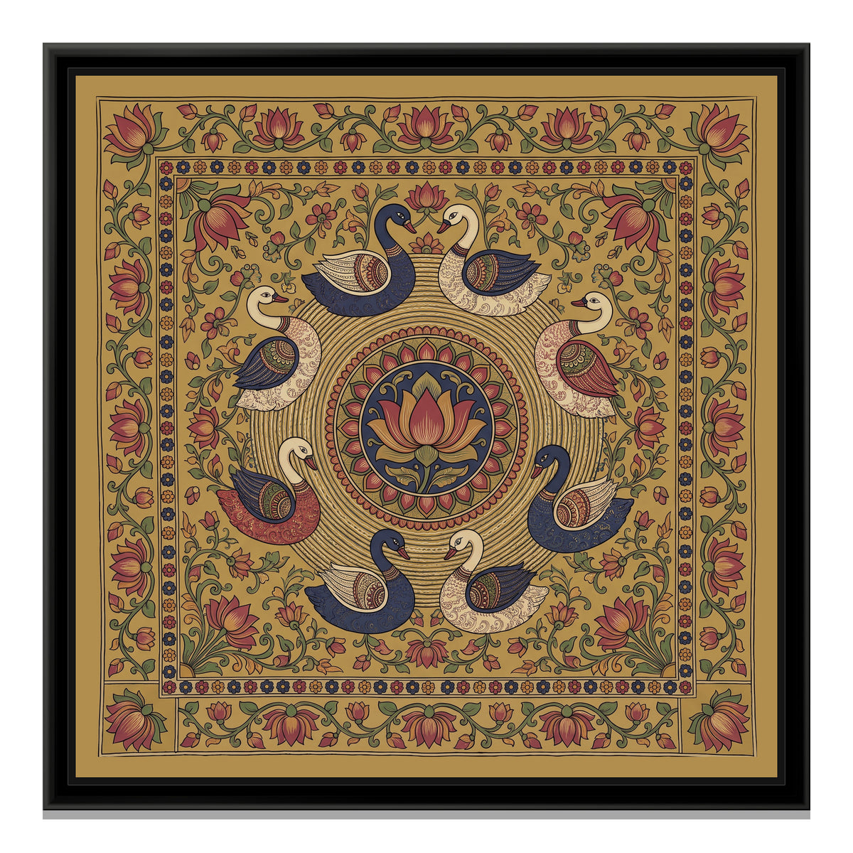 Kalamkari Painting – Circle of Swans - framed canvas print, front view