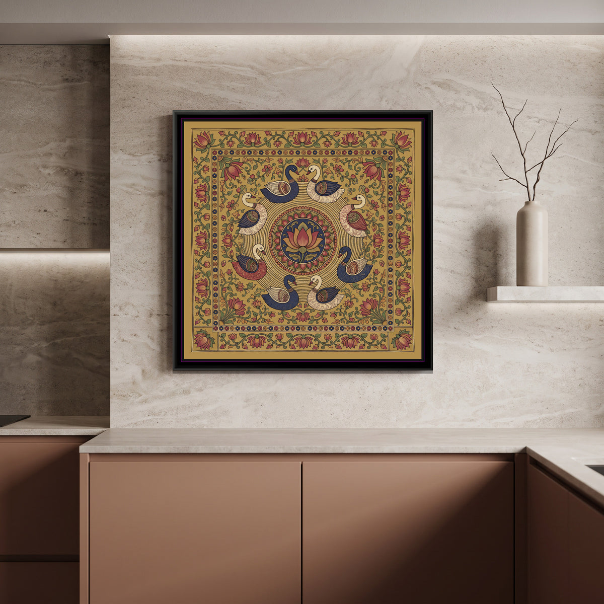 Kalamkari Painting – Circle of Swans - canvas print shown in a second room setting